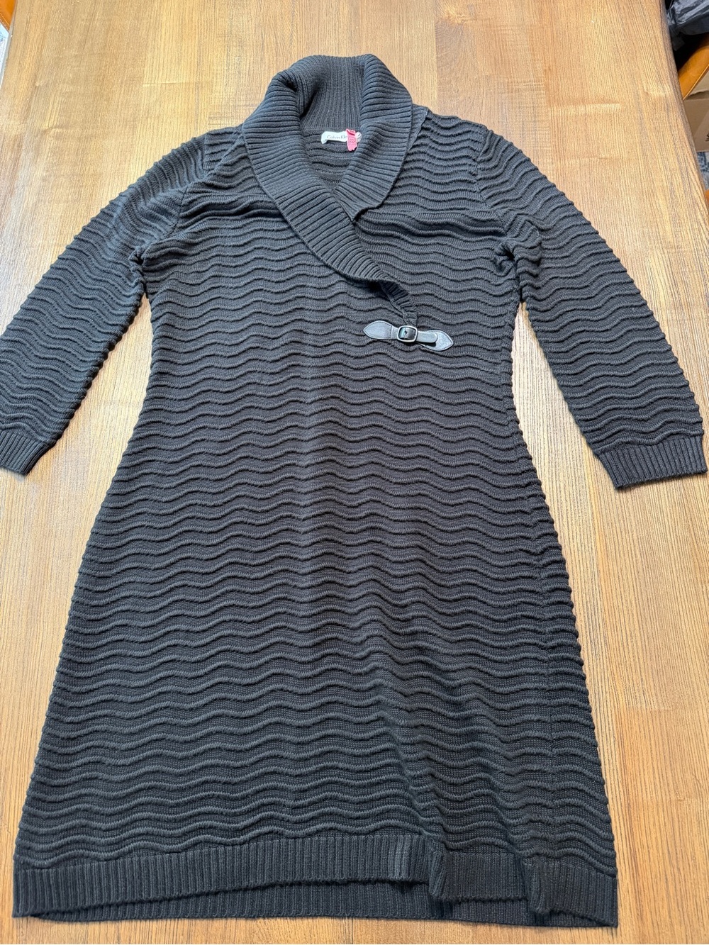 Calvin Klein Black Wavy Knit Shawl-Collar Sweater Dress